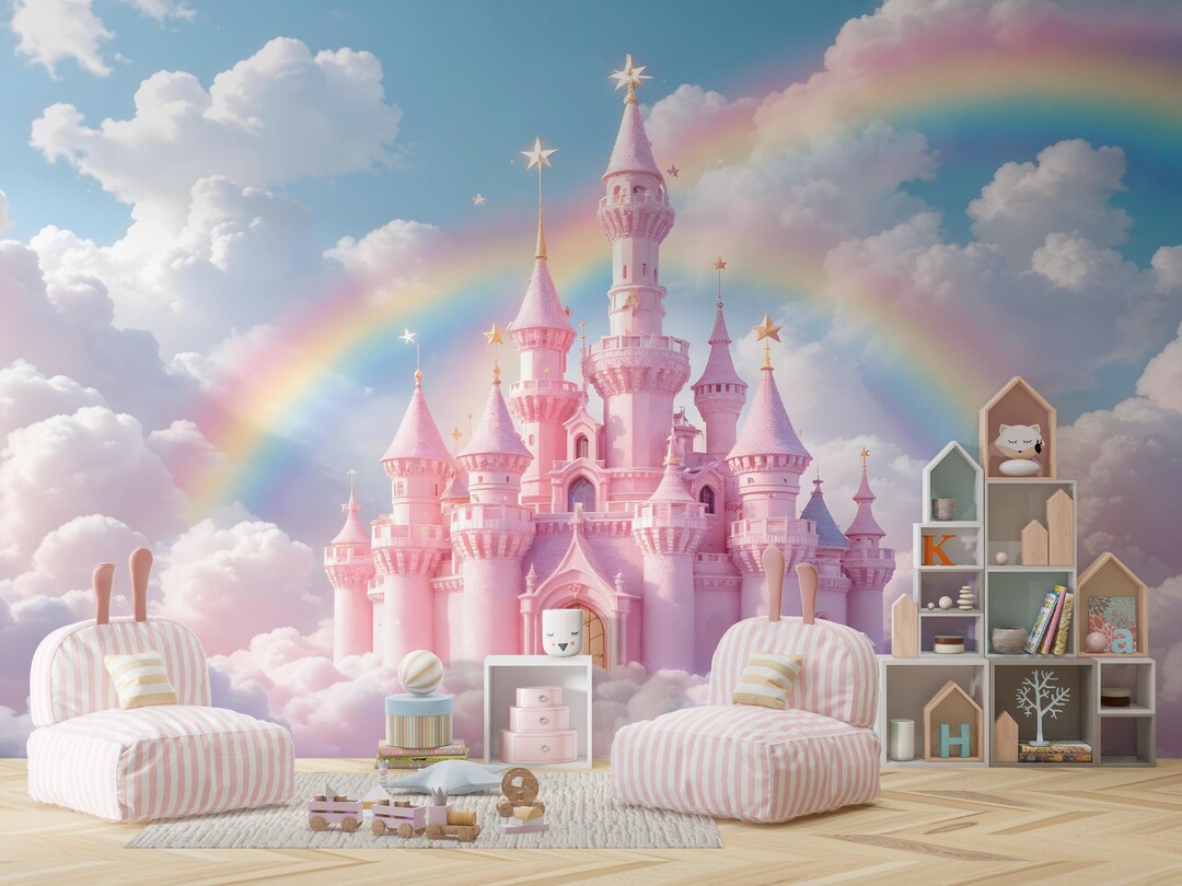 Fairy Castle Mural for Girls Room,pink Clouds Kids Wallpaper Peel and ...