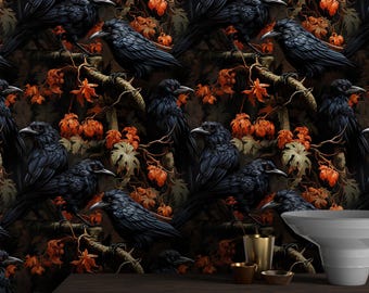 Papel tapiz gótico con cuervos, mural floral oscuro despegable y pegable, decoración de pared con un ambiente melancólico, arte de pared nocturno con cuervos autoadhesivos, papel tapiz de flores