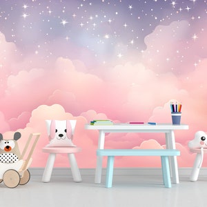 Pink Clouds Kids Wallpaper Peel and Stick,purple Sky Mural for Kids ...