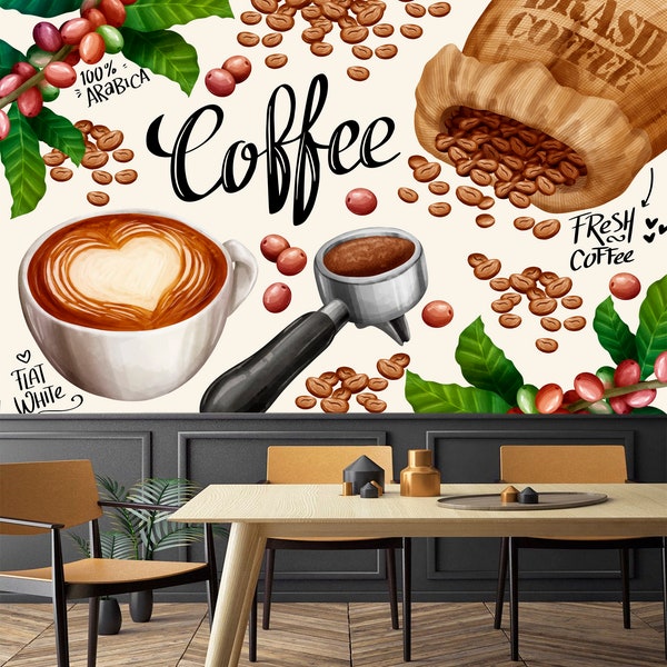 Elegant Customizable Coffee Shop Peel and Stick Wallpaper,Bistro Cafe Wall Mural,French Style Wall Art,Restaurant Food and Drink Wall Decor