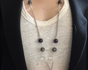 Silver-Wrapped Raw Amethyst Point Xtra Long Pendant Necklace
