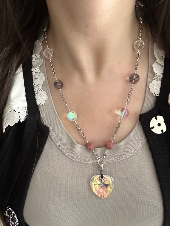 Aurora Borealis Swarovski Crystal Large Heart Pendant Necklace