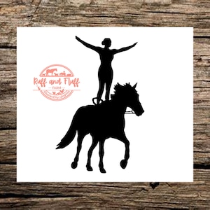 Op de afbeelding: Silhouet van een persoon die een voltige-oefening uitvoert op een paard. De persoon staat met opgeheven armen op de rug van het paard. De afbeelding is in zwart-wit en heeft een witte achtergrond. De tekst "Ruff and Fluff Farm, Charles City, Virginia" staat in de linkerbenedenhoek van de afbeelding.