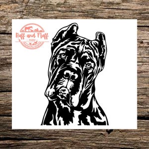 May include: A black and white graphic decal featuring a stylized portrait of a Cane Corso dog. In the upper left corner, a circular logo contains the text Ruff and Fluff Farm, Charles City, Virginia, along with small silhouettes of various farm animals.