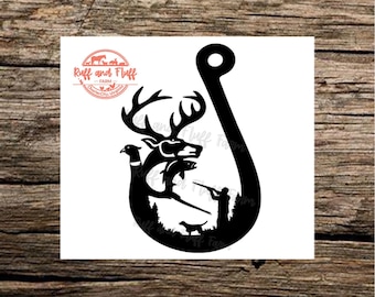 May include: A black silhouette design shaped like a large fishing hook containing a deer head, a pheasant, a jumping fish, a hunter with a rifle, and a dog. A circular logo in the top left corner reads Ruff and Fluff Farm Charles City Virginia.