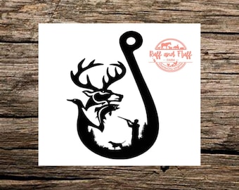 May include: A black silhouette decal shaped like a large fishing hook featuring a deer head, a fish, a duck, a hunter with a rifle, and a dog. The design includes the text Ruff and Fluff FARM Charles City, Virginia in a circular red logo.