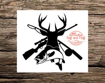 May include: A black silhouette graphic featuring a deer head with antlers centred between a crossed rifle and a fishing rod with a reel. A fish is positioned below the deer head. A circular logo with the text Ruff and Fluff Farm is present.