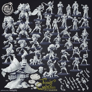 May include: A collection of 3D printed miniature figurines depicting forest creatures, including a variety of elves, fairies, and other mythical beings. The miniatures are all painted in a light grey colour and are arranged on a white background. The text "Forest Creatures Collection" is visible at the bottom of the image.
