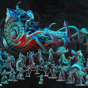 May include: A collection of fantasy miniatures, including creatures and characters, in shades of blue, red, and green. The set features a large, ornate structure and the text "Descent into Madness". Ideal for tabletop gaming.