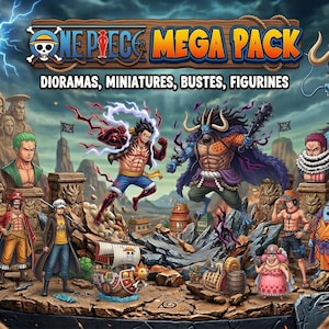 Puede incluir: Una vibrante ilustración digital con personajes del anime "One Piece". La imagen muestra varias figuras, dioramas y bustos, con el texto "ONE PIECE MEGA PACK" y "50GO STL FILES COLLECTION". Un dragón azul y efectos de rayos añaden dinamismo a la escena.