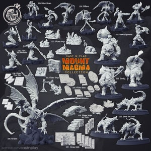May include: A collection of 3D printed miniatures for tabletop role-playing games, featuring a variety of creatures and terrain pieces. The miniatures are all painted in a gray color and are arranged on a white background. The collection is called "Mount Magma Collection" and is from the company "Cast N Play".