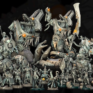 May include: A collection of detailed miniature figurines, featuring a variety of characters and creatures. The figures are primarily gray with gold accents, depicting a fantasy theme. The image includes the text "RETURN OF SOBEK" and the "A GAMES" logo.