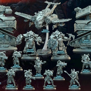 May include: A set of grey plastic miniature figures for a tabletop wargame. The set includes a variety of figures, including soldiers, vehicles, and a spaceship. The figures are all on different sized bases. The text "FAR FRONTIERS EINHERJAR" is at the bottom of the image.
