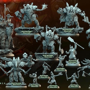 May include: A collection of grey and black plastic miniatures depicting a Ghuilt Horde, including a Ghuilt Warmonger, Ghuilt Beast, Ghuilt Nagger, and Ghuilt Murril. The miniatures are on various sized bases, ranging from 25mm to 100mm. The text "The Great Bloodshed Ghuilt Horde" is at the bottom of the image.