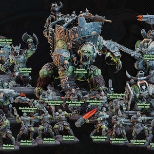 以下が含まれることがあります： ファンタジー軍隊を描いた緑と灰色のプラスチック製ミニチュアのコレクション。ミニチュアはさまざまな戦闘姿勢で配置されており、スパイク付きのクラブを持った巨大な怪物が含まれています。ミニチュアはさまざまなサイズの円形ベースの上にあります。画像の左上隅に「Ghult Clan」というテキストが表示されています。