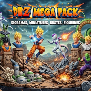 May include: A vibrant image showcasing a collection of Dragon Ball Z figurines, busts, and dioramas. The artwork features characters like Goku, Frieza, and Broly, with dynamic poses and energy effects. The text "DBZ MEGA PACK" and "90GO STL FILES COLLECTION" are also visible.