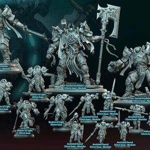 May include: A collection of grey plastic miniature figures of warriors, knights, and soldiers. The figures are posed in various fighting stances and are standing on different sized bases. The figures are part of a game called "Sacred Knights Deliverance".