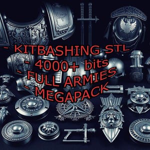 Puede incluir: Una colección de miniaturas metálicas grises de armaduras, cascos y armas. La imagen incluye el texto "KITBASHING STL 4000+ bits FULL ARMIES MEGAPACK". Los objetos están dispuestos sobre una superficie oscura.