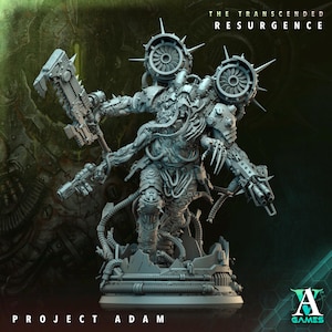 May include: A detailed grey plastic miniature of a monstrous, bio-mechanical creature with multiple appendages, pipes, and wires. The creature is standing on a circular base with the text "Project Adam" printed below. The text "The Transcended Resurgence" is printed at the top of the image.