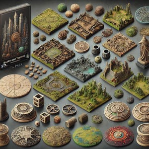 Puede incluir: Una colección de piezas de terreno en miniatura y accesorios de juego. Incluye plataformas cuadradas y circulares, edificios en miniatura y una caja etiquetada como "Bases and Towers STL The Pack". Las piezas son de varios colores, incluyendo verde, marrón y beige.
