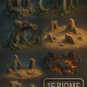 Peut inclure: Une illustration numérique de diverses ruines antiques et formations naturelles. L'image présente des structures en pierre, des arbres et un paysage rempli de lave. Le texte "15 BIOME STL PACK" est affiché sur une plaque métallique.