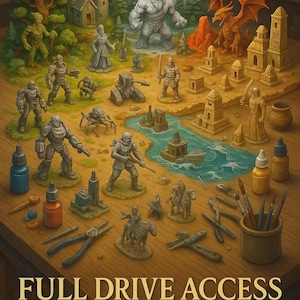 Könnte beinhalten: Eine Tischszene mit Miniaturfiguren, Gebäuden und Geländeelementen für RPGs und Wargames. Die Szene zeigt einen steinernen Riesen, einen Drachen und verschiedene Soldaten. Der Text "FULL DRIVE ACCESS RPG & WARGAMES" ist unten zu sehen.