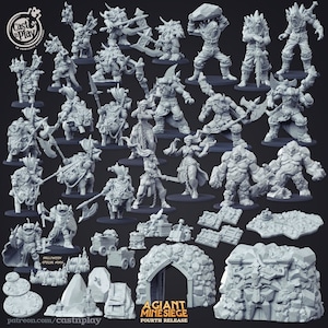May include: A collection of 3D printed miniature figures, including orcs, goblins, and a giant, along with various dungeon props and scenery. The miniatures are grey and unpainted, and the scenery is made of a textured grey material. The text "A Giant Minesiege Fourth Release" is printed on the bottom of the image.
