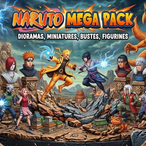 May include: A vibrant digital illustration featuring characters from the Naruto anime series. The image showcases various figurines, busts, and miniatures, with dynamic action poses and detailed character designs. The title "Naruto Mega Pack" is prominently displayed.
