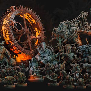 Peut inclure: Ensemble de figurines fantastiques, comprenant des créatures grotesques et une structure circulaire enflammée. Les figurines sont détaillées avec diverses armes et armures, dominées par des verts foncés, des bruns et des oranges. Le logo "The Affliction Outbreak" est visible.