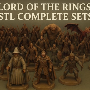 以下が含まれることがあります： ロード・オブ・ザ・リングシリーズのミニチュアフィギュアのコレクション。剣を持った戦士、杖を持った魔法使い、ドラゴンなど、さまざまなポーズのフィギュアがあります。「LORD OF THE RINGS STL COMPLETE SETS」というテキストが上部にあります。