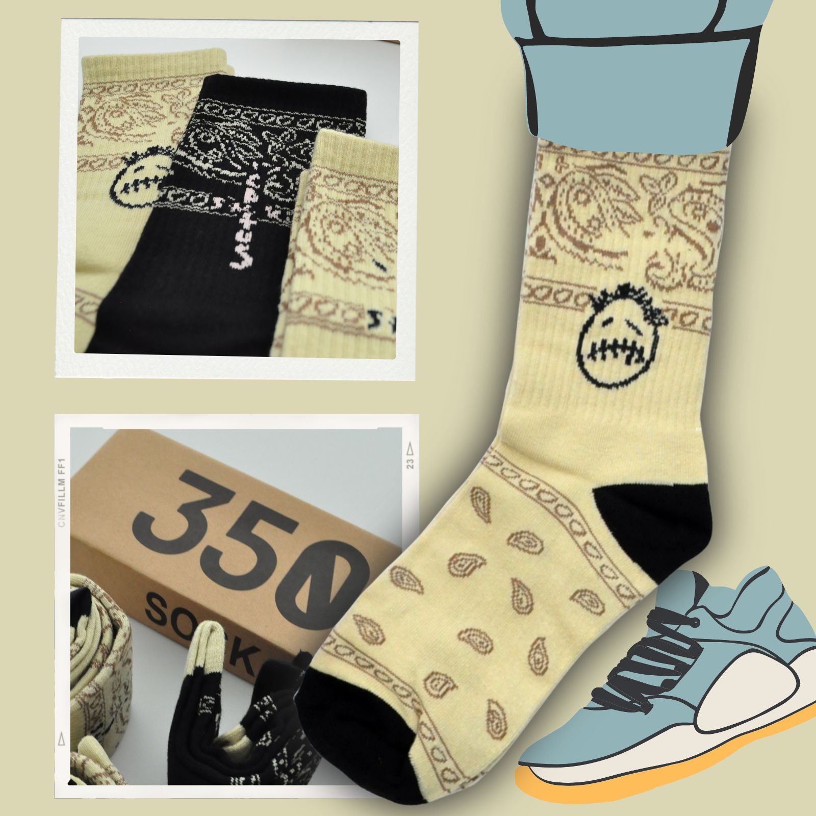 Travis Scott CREAM and BLACK Street Wear Skater 3-pairs Pack Travis Scott CREAM and BLACK Street Wear Skater 3-pairs Pack