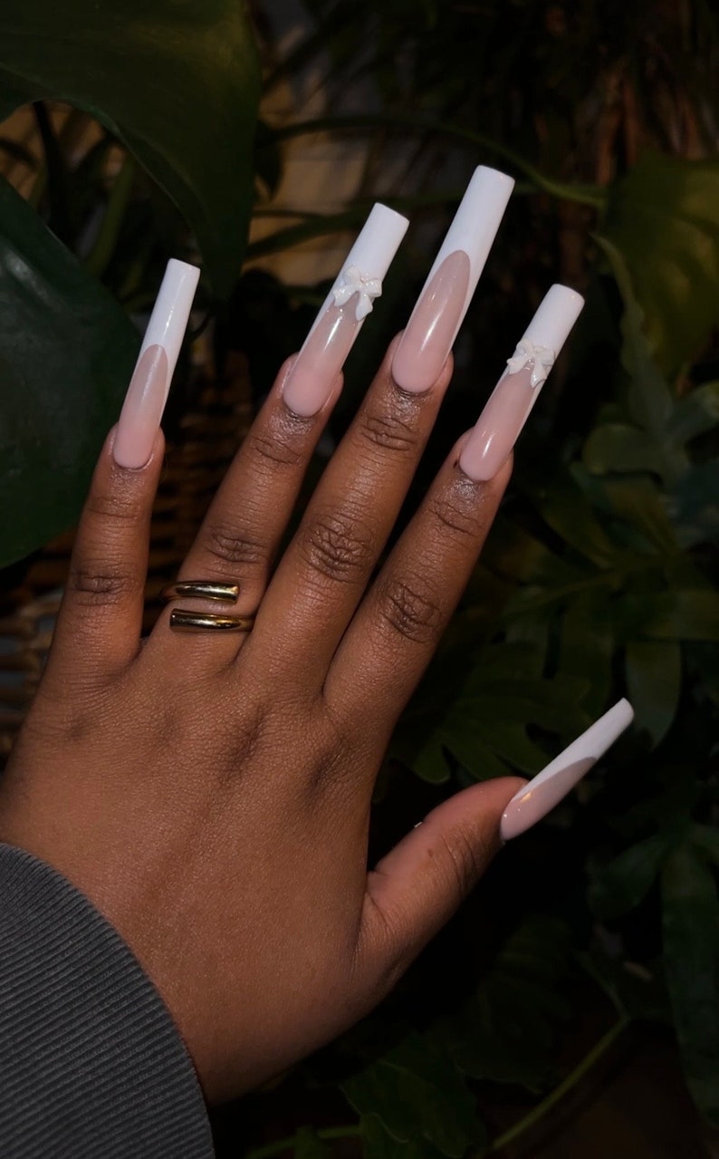 Custom White French Tip Press on Nails With White Bow and Nude - Etsy