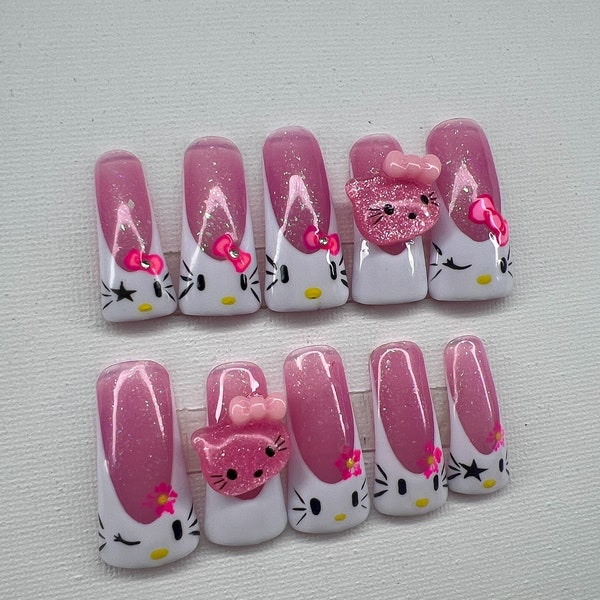 Custom Kitty Press-On Duck Nails With Glittery Pink Base And White French Tip