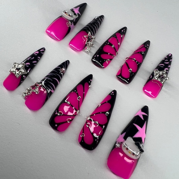 Y2K Hello Kitty Long Pink y Black XL Stiletto Press On Nails