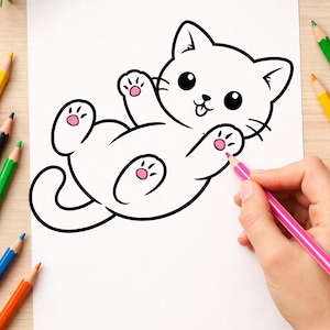 Könnte beinhalten: Eine schwarz-weiße Cartoon-Katzenillustration mit rosa Pfotenballen wird auf weißem Papier gezeichnet. Eine Hand, die einen rosa Bleistift hält, malt die Pfote der Katze aus. Buntstifte und ein Radiergummi liegen auf der Holzoberfläche.