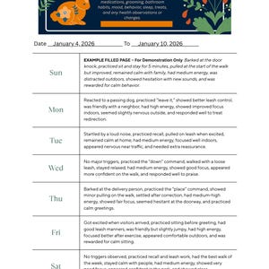 Può includere: Tracker del benessere degli animali domestici con un'intestazione con un'illustrazione di un coniglio arancione. Il tracker include sezioni per monitorare cibo, acqua, esercizio fisico, farmaci e comportamento. Copre le date dal 4 al 10 gennaio 2026.