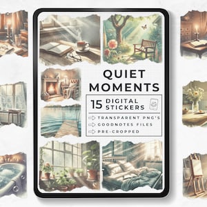 May include: A digital sticker set featuring 15 illustrations of cosy and quiet moments. The stickers are pre-cropped and come in transparent PNG format, perfect for digital planners and note-taking apps. The illustrations include scenes of a book by a window, a fireplace, a bathtub, a bedroom, and more.
