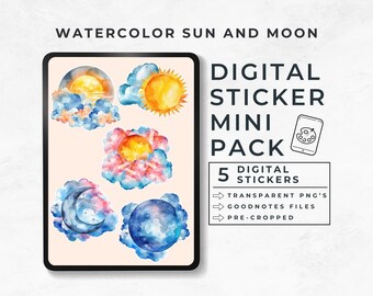 Digital Planner Stickers, Watercolor Celestial Digital Sticker, Sun, Moon, Digital Planner Accessories, Goodnotes File, Digital Sticker Book