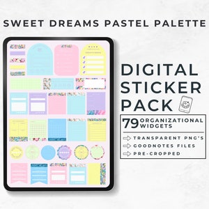 May include: A digital sticker pack containing 79 organisational widgets. The stickers are in a pastel colour palette and feature a variety of designs, including circles, squares, and rectangles. The stickers are transparent PNGs and are pre-cropped for use in Goodnotes.