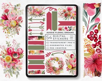 Digital Sticker Collection Aussie Florals, Watercolor Australian Flowers, Botanical Maximalism Stickers, Washi Tape, Goodnotes Sticker Book