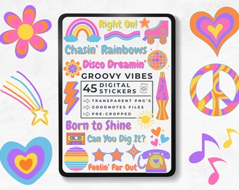 Digital Stickers Groovy Vibes, Maximalist Aesthetic, Seventies-core, Vibrant 70's Planner Stickers, Positive Quotes, Goodnotes Sticker Book