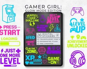 Gamer Girl Digital Stickers, Gaming Aesthetic,Neon Planner Stickers, Video Game Accents for Planner, Gaming Phrases, Goodnotes Sticker Book