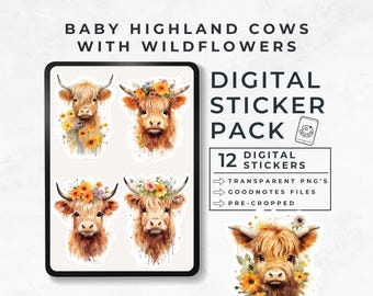 Baby Highland Cows with Wild Flowers, Baby Farm Animal Digital Stickers, Boho Baby Cow, Digital Planner Sticker Pack, Goodnotes Sticker Book