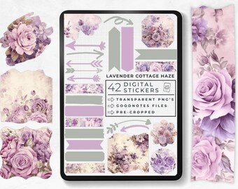 Digital Stickers Lavender Cottage Haze, Soft Romantic Aesthetic, Cottage Core Washi Tape, Heirloom Floral Accents, Goodnotes Sticker Book