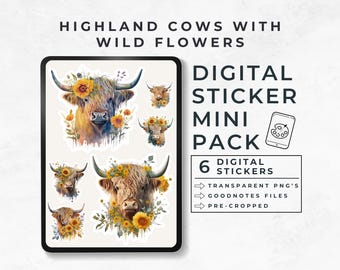 Highland Cows with Wild Flowers, Farm Animal Digital Stickers, Whimsical Cows, Digital Planner Mini Sticker Pack, Goodnotes Sticker Book