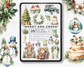 Good Notes Holiday Stickers, Festive Christmas Digital Stickers, Merry and Green, Christmas Cupcakes Stickers, December Goodnotes Stickers