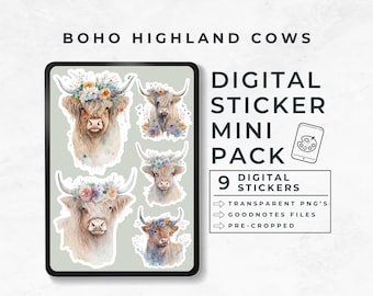 Boho Highland Cows with Wild Flowers, Farm Animal Digital Stickers, Boho Cows, Digital Planner Mini Sticker Pack, Goodnotes Sticker Book