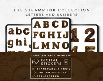 Digital Stickers Steampunk Letters, Mechanical Numbers, Vintage Ephemera Alphabet, Industrial Revolution Aesthetic, Goodnotes Sticker Book