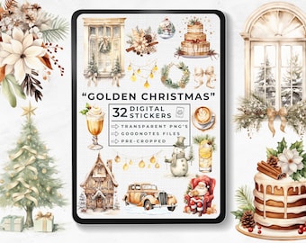Good Notes Holiday Stickers, Festive Christmas Digital Stickers, Golden Christmas, Cozy Christmas Window, Santa, December Goodnotes Stickers