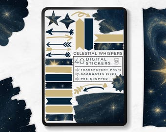 Digital Sticker Collection Celestial Whispers, Cozy Night Sky Aesthetics, Galaxy Washi Tape, Dark Academia Stickers, Goodnotes Sticker Book